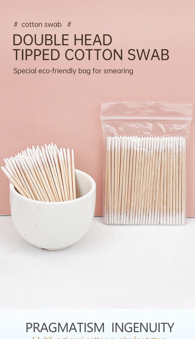 Disposable Ultra-small Double-end Wood Cotton  Swab 100pcs Lint Free Micro Brushes Eyelash Extension Glue Removing Tools