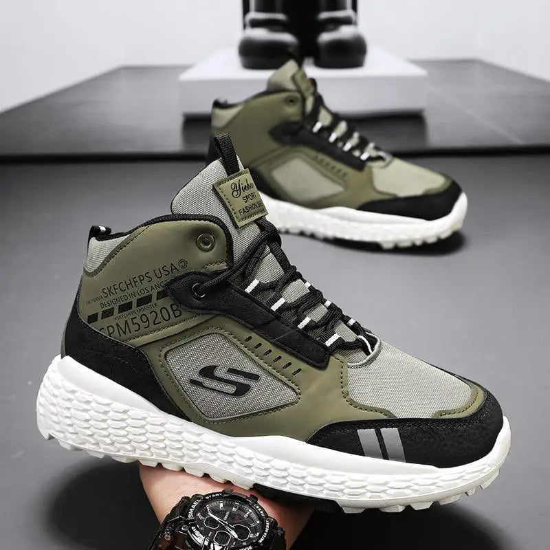 Men's Shoes 2025 New Outdoor Leisure Sports Mesh Shoes Driving To Work Thick Soled Wear-resistant Black Mid Top Trendy Sneakers