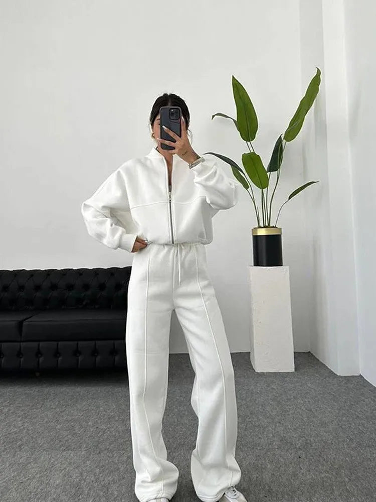 Women Sweatsuit Set Vintage O-neck Zipper Bomber Jackets High Waist Loose Pants Suit Female 2025 Spring Fashion Lady Sportswear