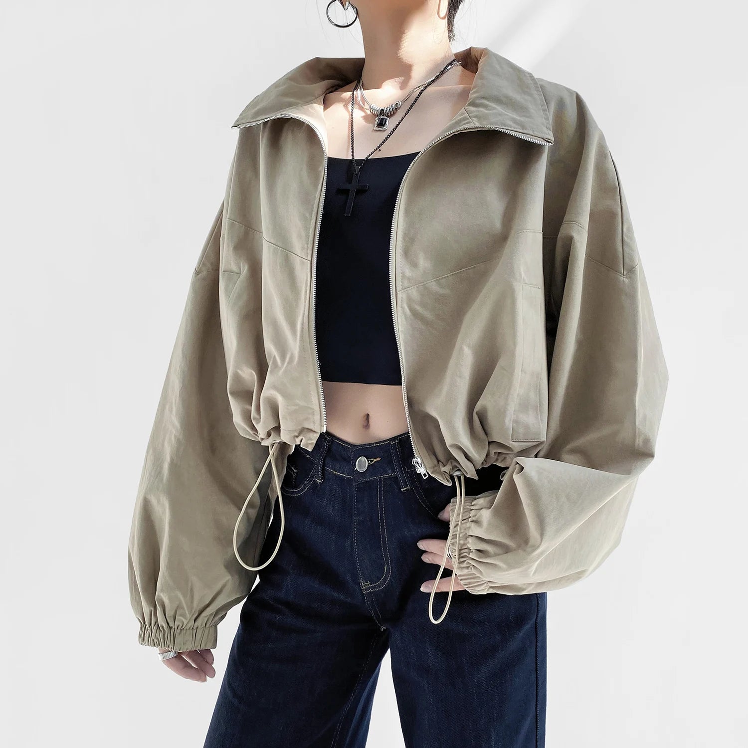Women's Cropped Utility Jacket - Drop Shoulder Drawstring Hem Ribbed Cuffs Lightweight Cotton