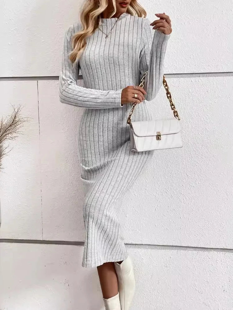 2025 Winter Women O-neck Long Sleeve Knitted Long Dress Autumn Elegant Casual Solid Color Dresses Slim Fit Sexy Clothing
