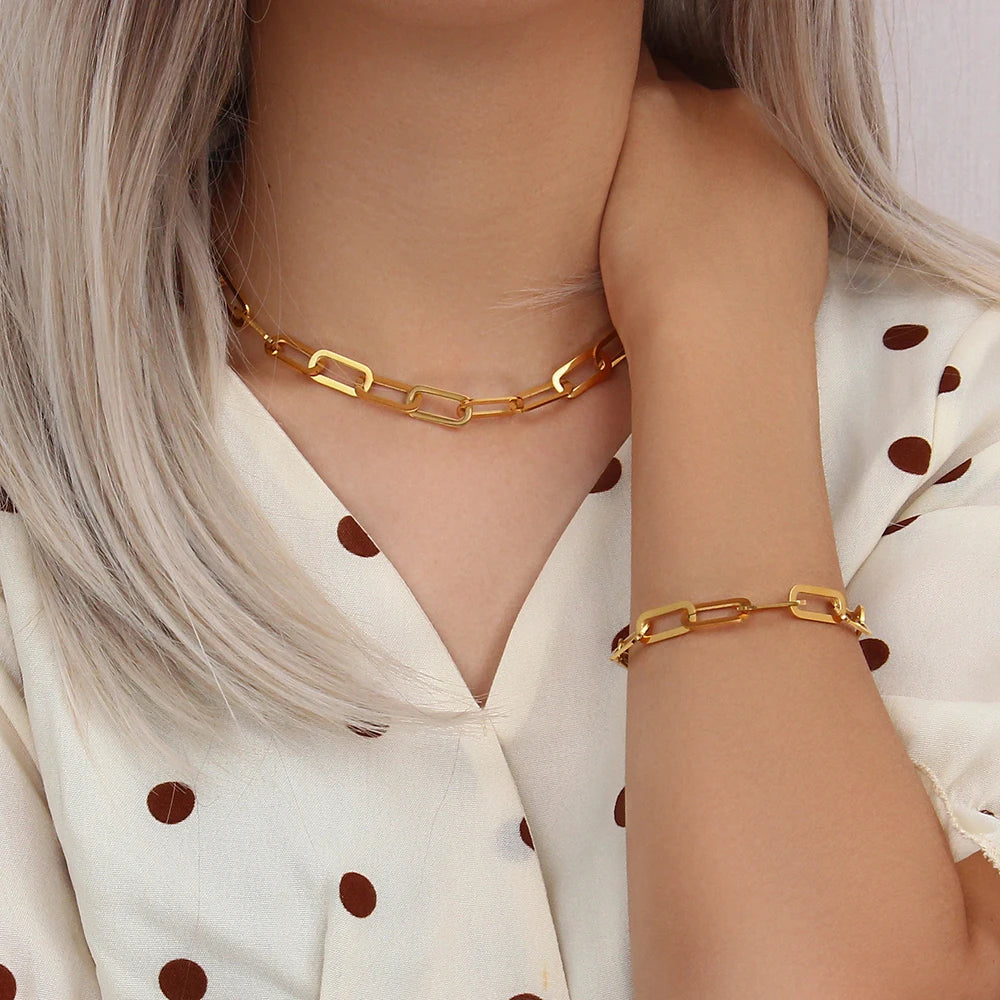 E.B.belle Chunky Paper Clip Chain Necklace Bracelet Jewerly Set Ladies New 18K Gold Plated Stainless Steel Chain Necklace