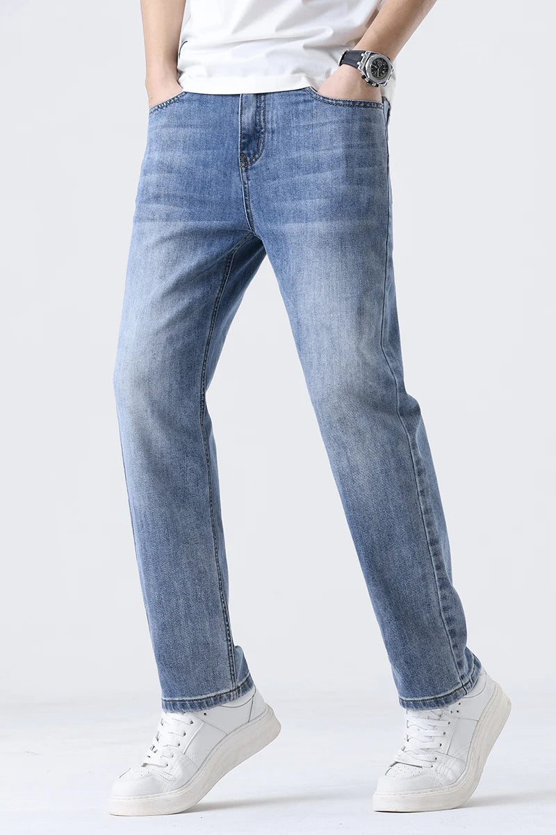 2025 New Loose Straight Leg Jeans for Men  Comfort Thin Stretch Cotton Blend Moisture-Wicking Casual Trousers for Daily Wear