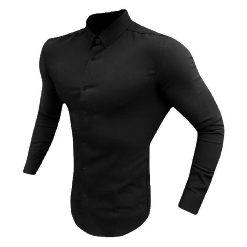 Men's Shirt Fashion Full Sleeve Shirt Men's Muscle Casual Slim-fit Business Dress Solid Color Shirt Men's Gym Fitness Men Shirt