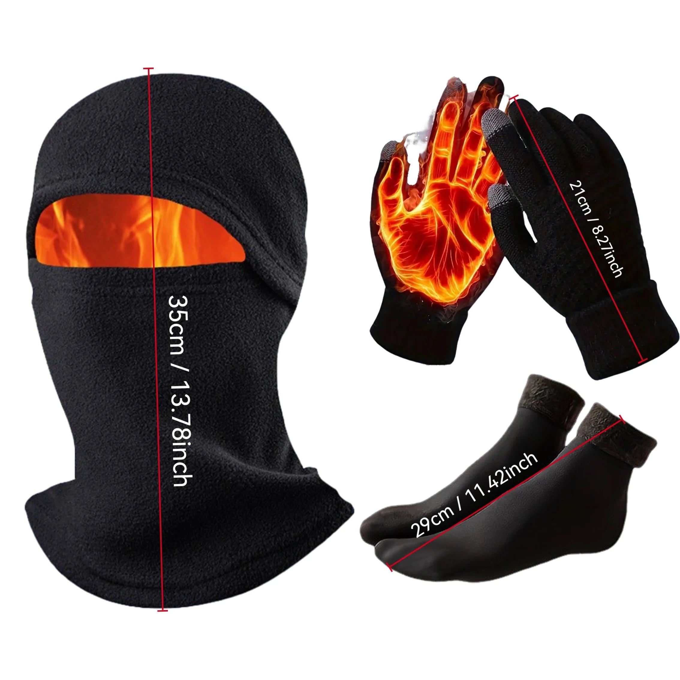 3-Piece Winter Accessories Set Warm Polyester Helmet Pads with Windproof Balaclava Touch Gloves and Thick Socks