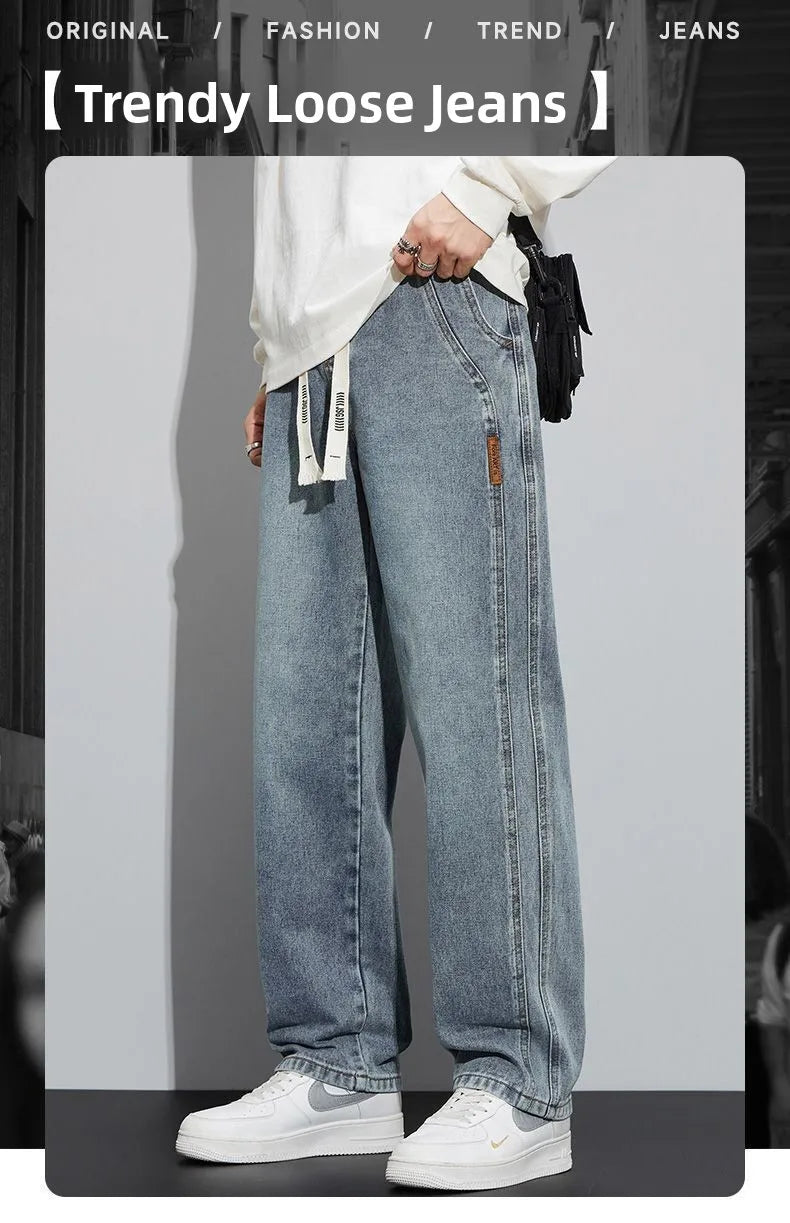 Retro American Wide Leg Men's Jeans Thiened Fce Lined Loose Fit Autumn Winter Wear Resistant Long Trousers Casual Cotton...