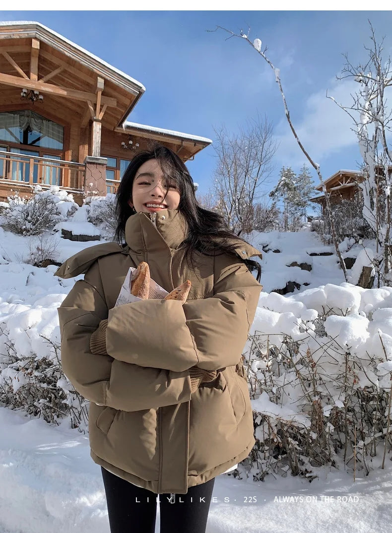 Women's Down Cotton Jacket Hooded Coat Winter Cotton Comfortable Thick Warm Love Embroidery Loose Jacket Snow Coat Clothing