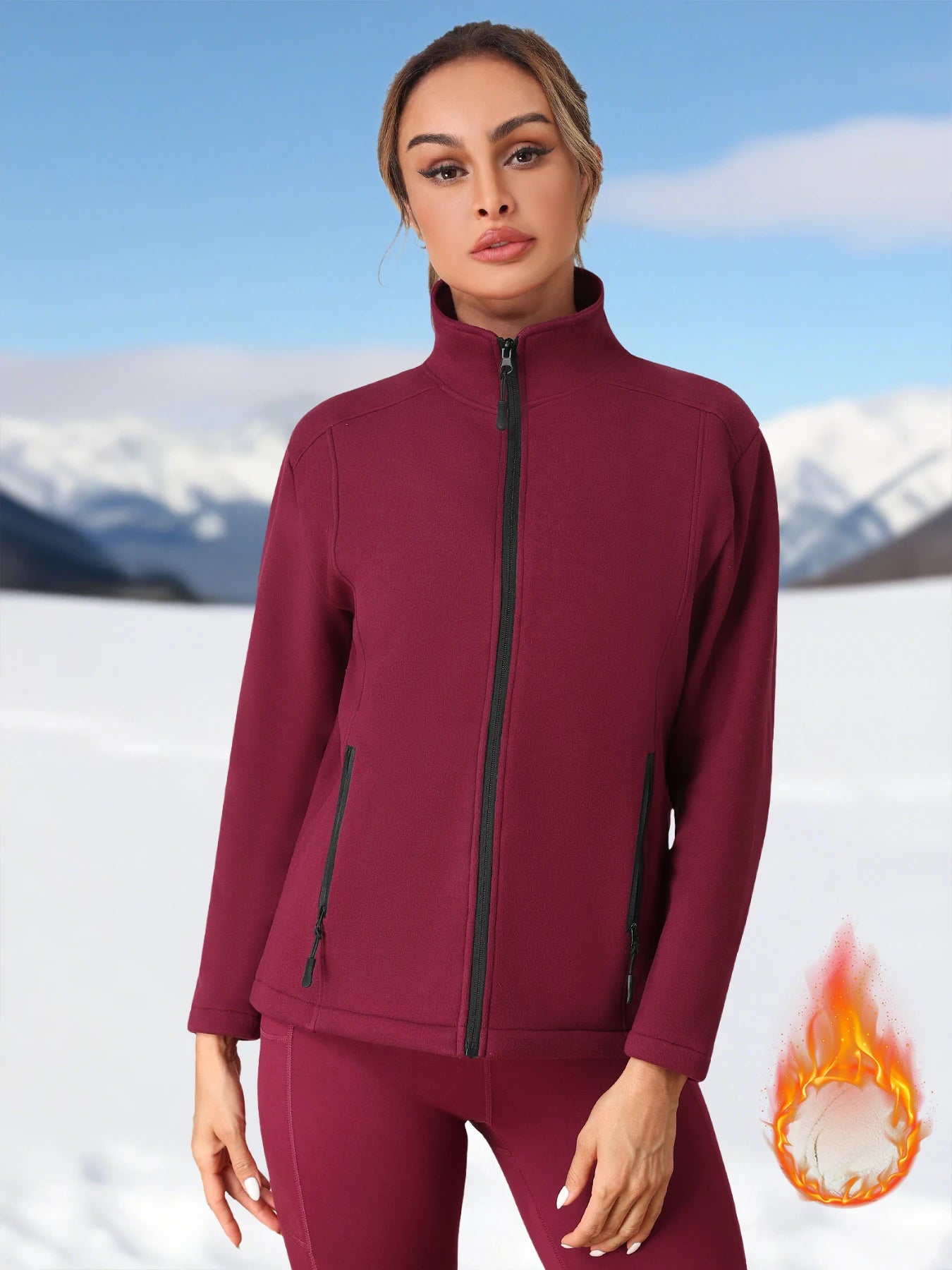 Fleece Jacket for Women Full Zip Solid Color Pullover with Two Utility Pockets Autumn Winter Warm Thick Coat Slim Soft Jacket