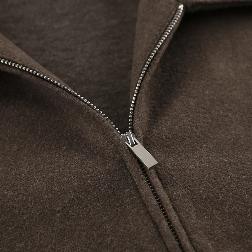 Women's Brown Wool Zipper Jacket for Autumn and Winter-Longsleeved Lapel Short Coat-Fashionable Casual Street Commuter Outerwear
