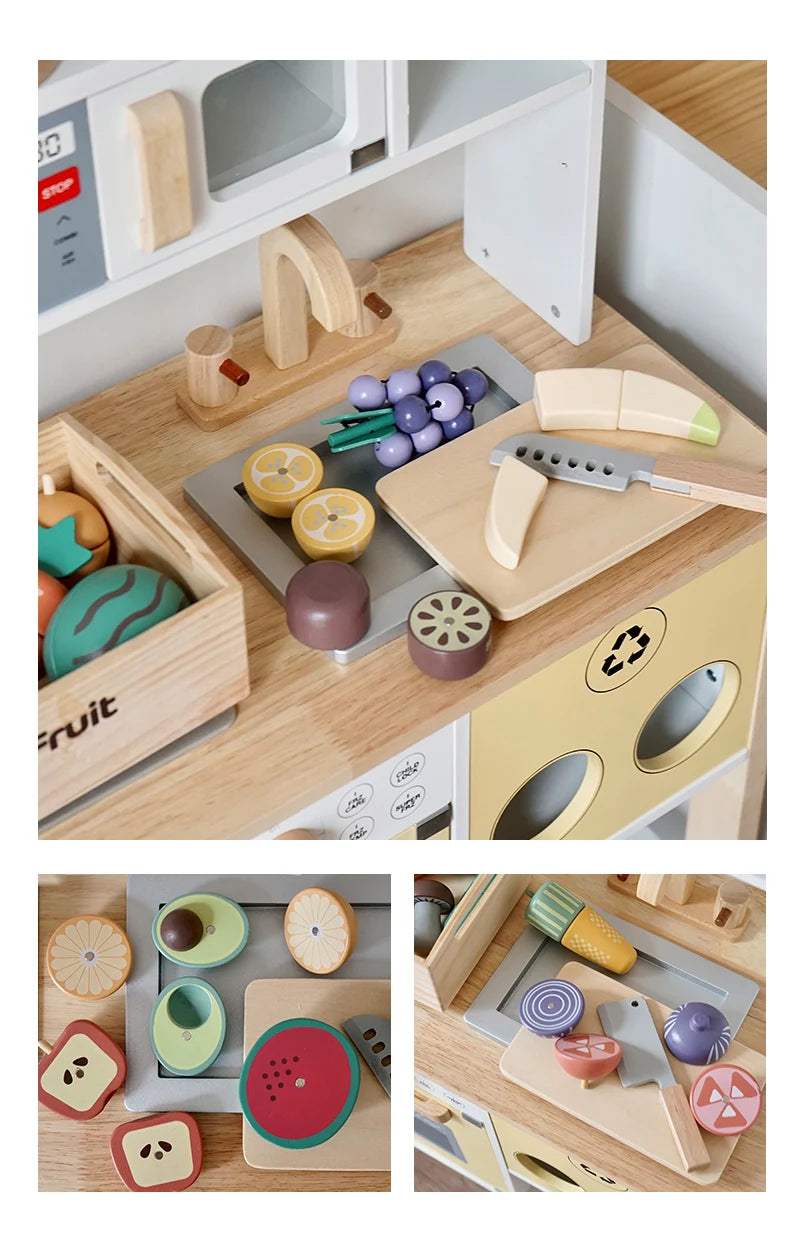 Wooden Pretend Play Kitchen Toys Cutting Food Accessories Set Fruit Vegetable Bakery Meat fish Early Educational Cognition Toys