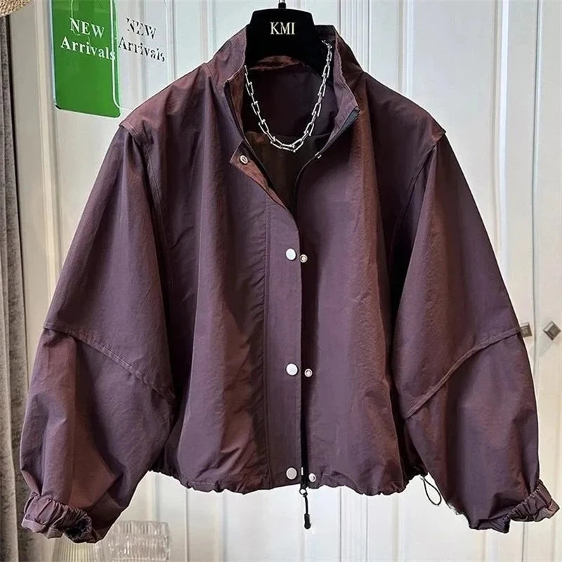 Women's Short Jacket 2025 Spring Autumn Stand-up Collar Korean Version Lady Outerwear Fashion Elegant Ladies Windbreaker Coat