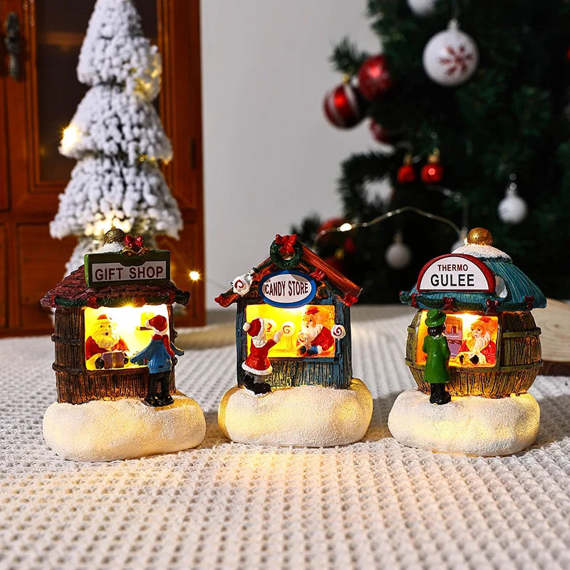 Christmas Decorations Resin Miniature LED Lights Small House Landscape Santa Claus Christmas Figurines Home Table Decor Items