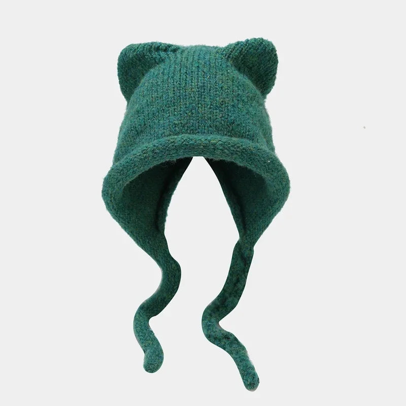 Winter Hat For Women Men Skullies Beanies Solid Color Korean Cute Cat Ear Warm Wool Ear Protection Knit Pullover Strap Cap Y2K