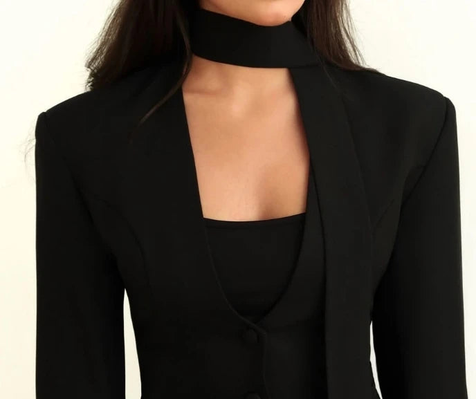 Women's Jacket 2025 Spring New Fashionable Solid Color V-Neck Scarf Decor Elegant Temperament Long Sleeved Casual Blazer Jacket