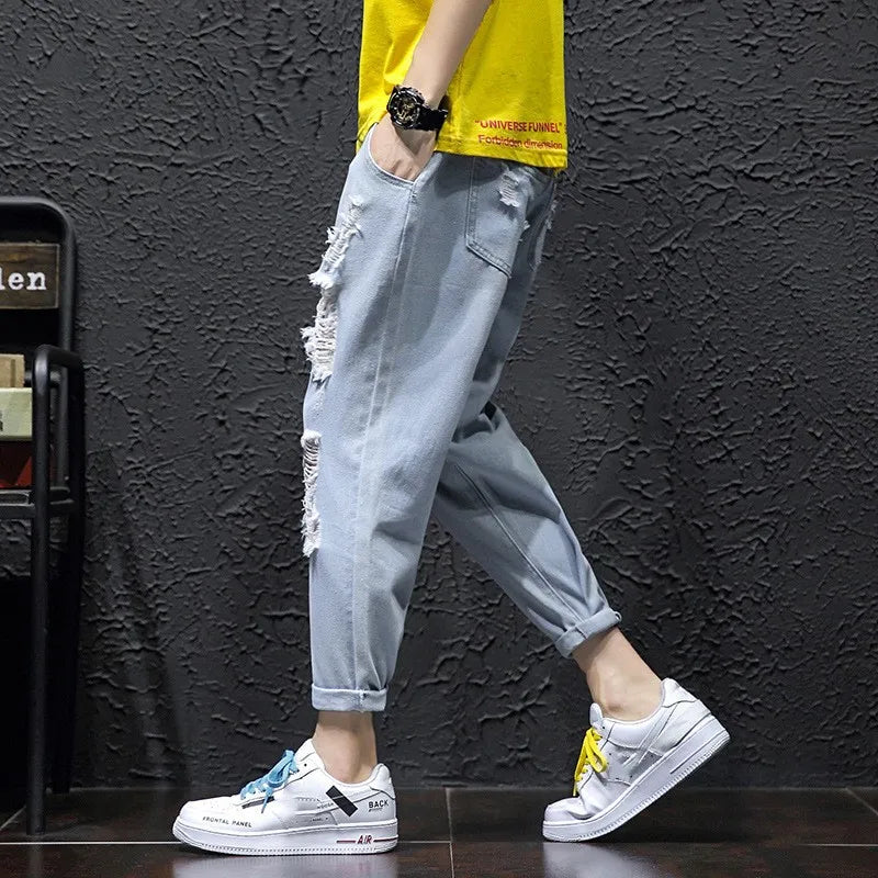 2025 Men's Summer Ripped Jeans Fashion Casual Streetwear Korean Style Baggy Broken Holes Trousers Denim Cropped Pants Oversized