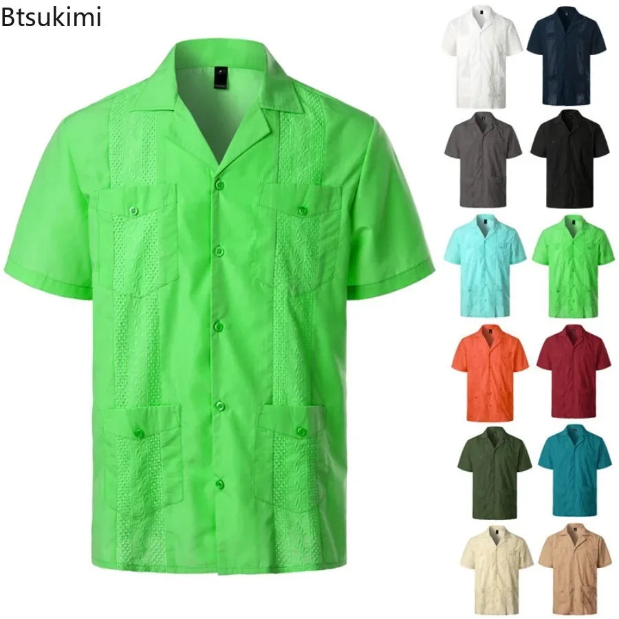 Summer New Mens' Shirts Multi-pockets Lapel Short Sleeve Single Breasted Cardigan Male Casual Beach Shirts Traditional Costumes