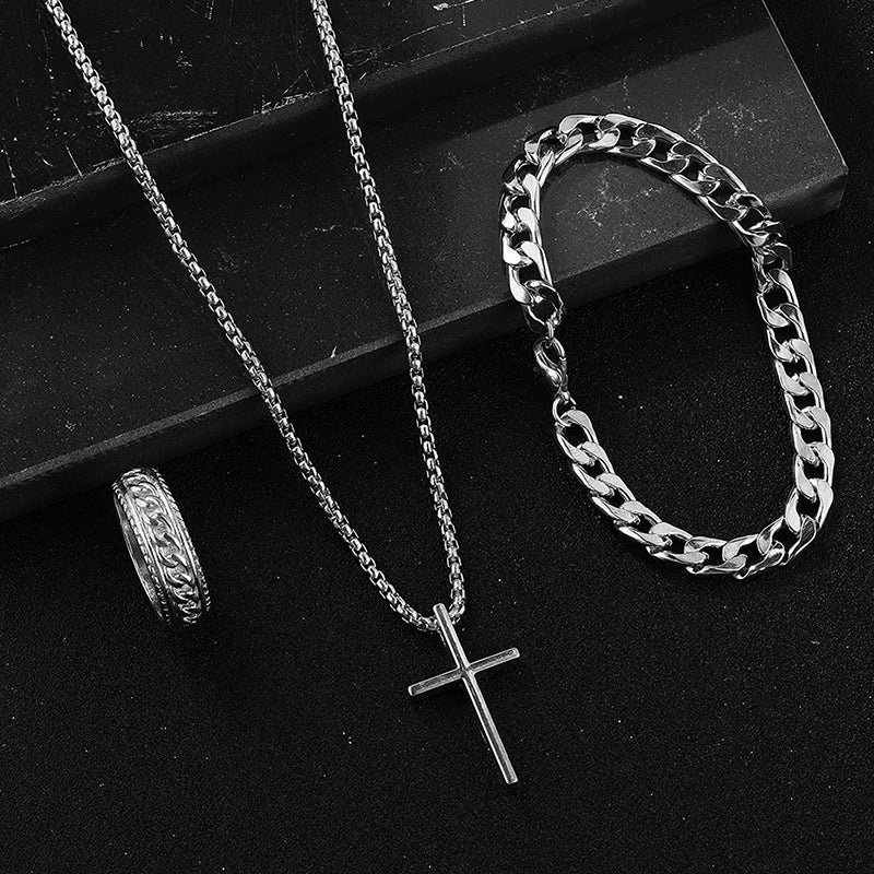 Men's Set Simple Personality Hip Hop Party Jewelry Accessories 3Pcs Punk Cross Pendant Necklace Bracelet Chain Ring