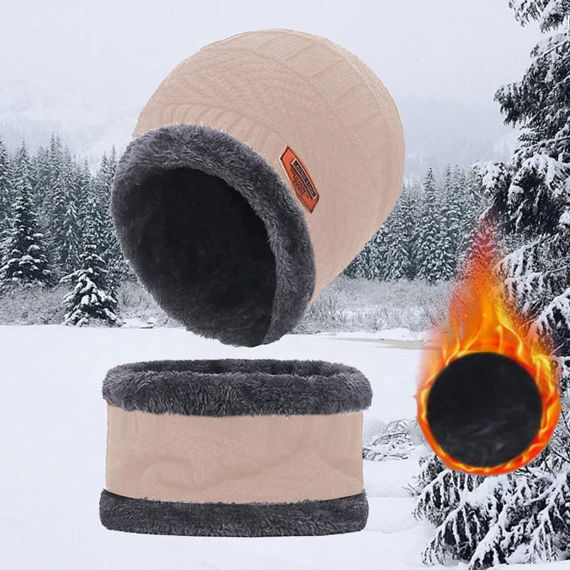 Winter Hat For Men Fleece Scarf Women Neck Leather Knitted Cap Thick Wool Neck Warmer Balaclava Ski Mask Skullies Beanies