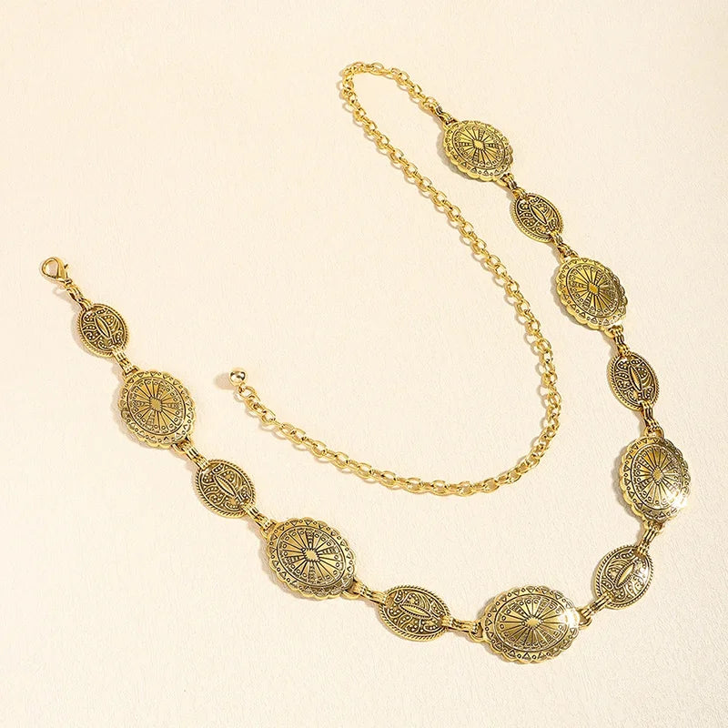 1 piece set of waist chain accessories for women's retro Bohemian ethnic style silver metal chain belt with skirt belt