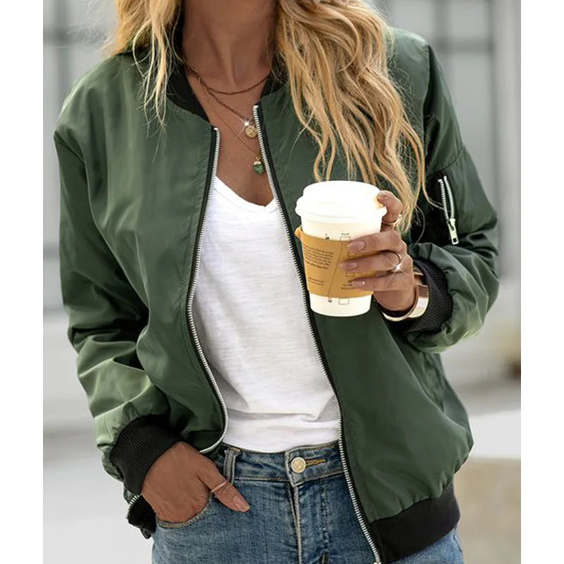 Women Fashion Casual Jacket 2025 Autumn Solid Color Spring Coat Long Sleeve Stand Collar Zipper Basic Women Motorcycle Jackets