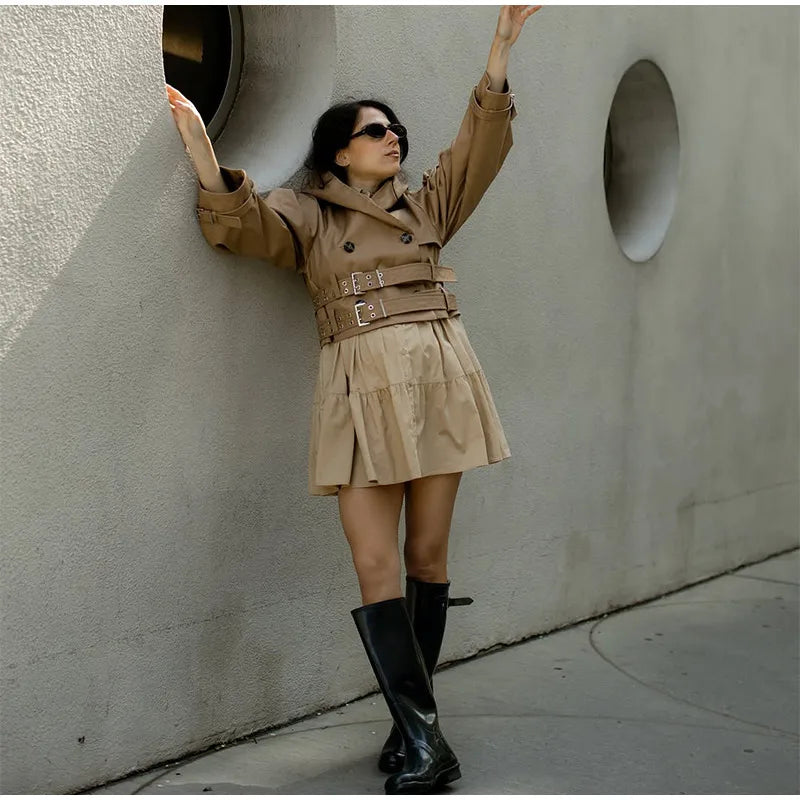 Women's Jacket Chic Double Belt Hooded Full Sleeve Button Female Female Jackets 2025 Autumn Fashion High Street Lady Outwears