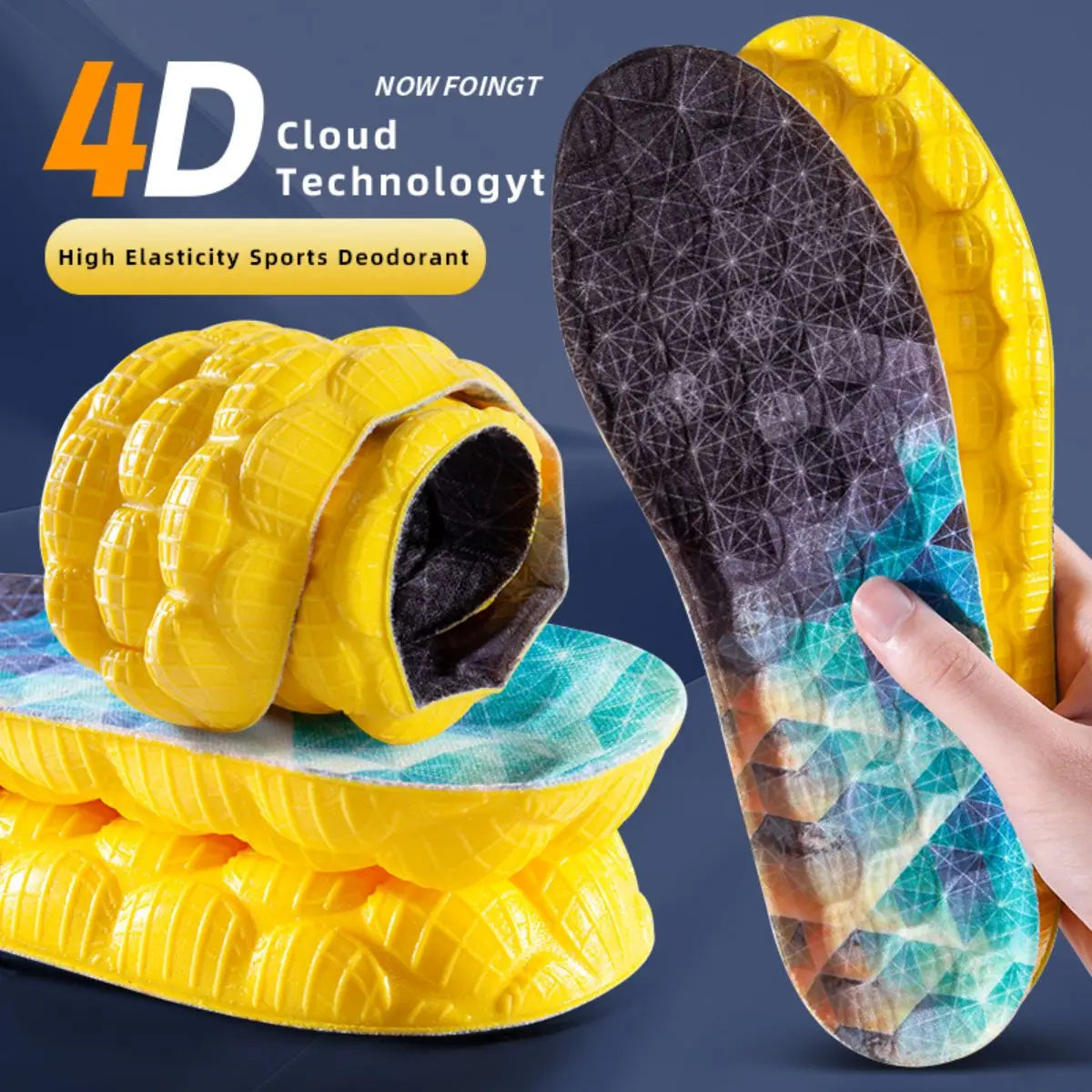 1Pair 4D Cloud Technologyt High Elasticity Sports Deodorant Insoles for Shoes Yellow PU Sole Breathe for Feet Men Running Insole