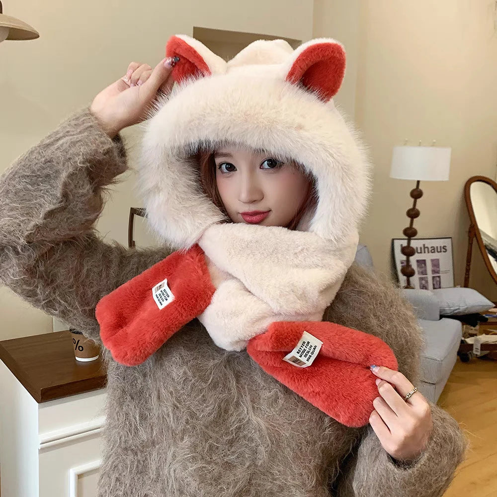 1 Pieces Winter Women's Warm Hat Three-piece Set Hat Scarf Gloves All-in-one Set Cute Cartoon Fashionable Versatile