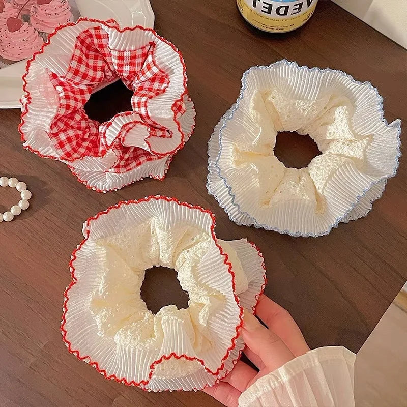 1pc French sweet lace large intestine hair ring, high-end niche design double lace hair rope girl versatile hair accessories