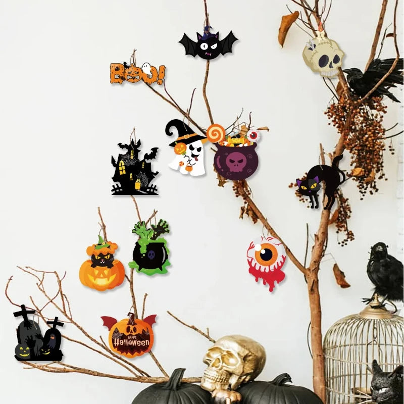 Halloween Theme Party Hanging Decor Pendants Cartoon Pumpkin Ghost Skull Bat Haunted House Pattern Hangings