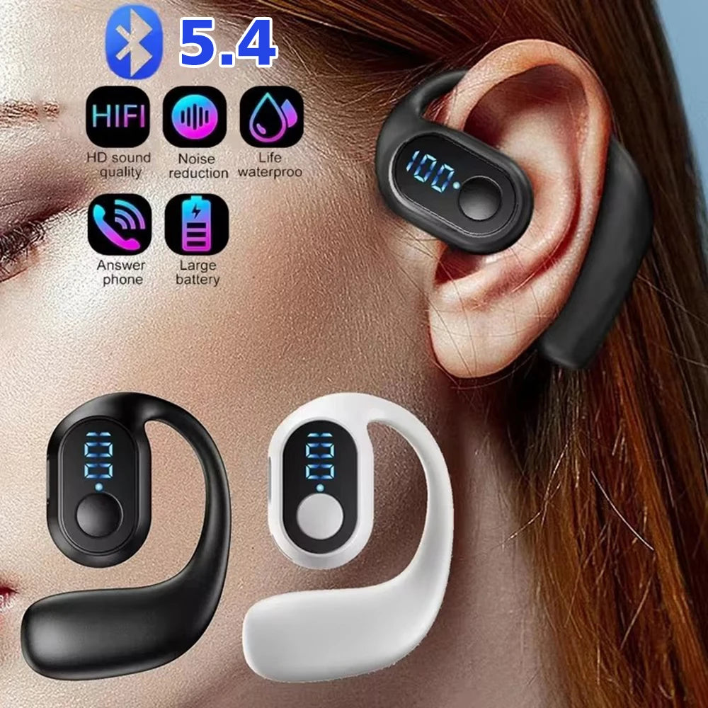 Bluetooth 5.4 Headphone Wireless Ear Hook Earphone LED HiFi Stereo Noise Reduction Clip Headset Waterproof Earbud For Phone New