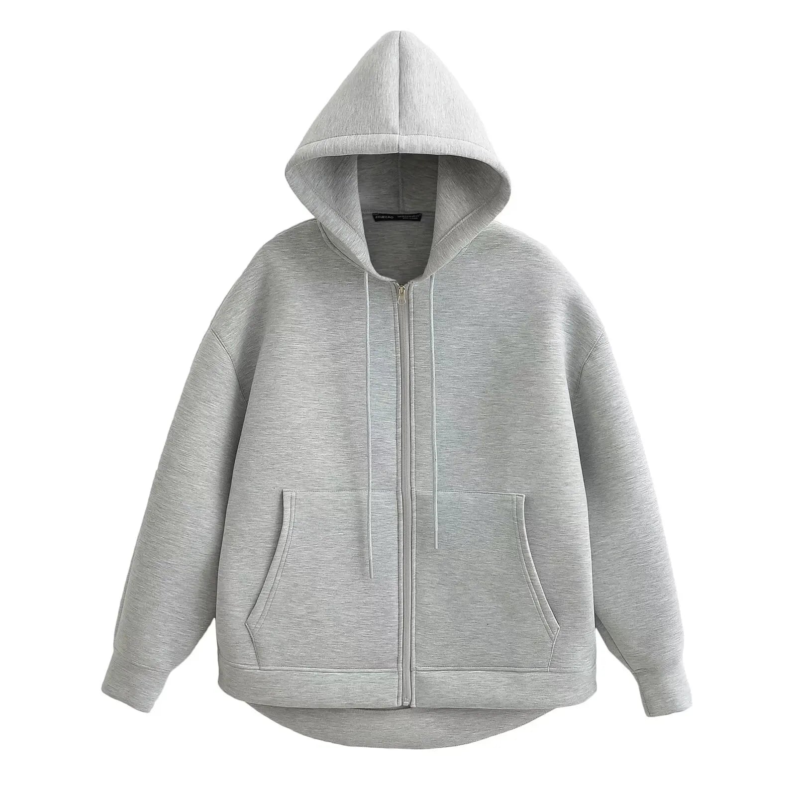 2025 Women Gray Jacket With Hood Long Sleeve Big Pocket Zipper Jacket Coat Woman Loose Casual Outerwear Coat Tops