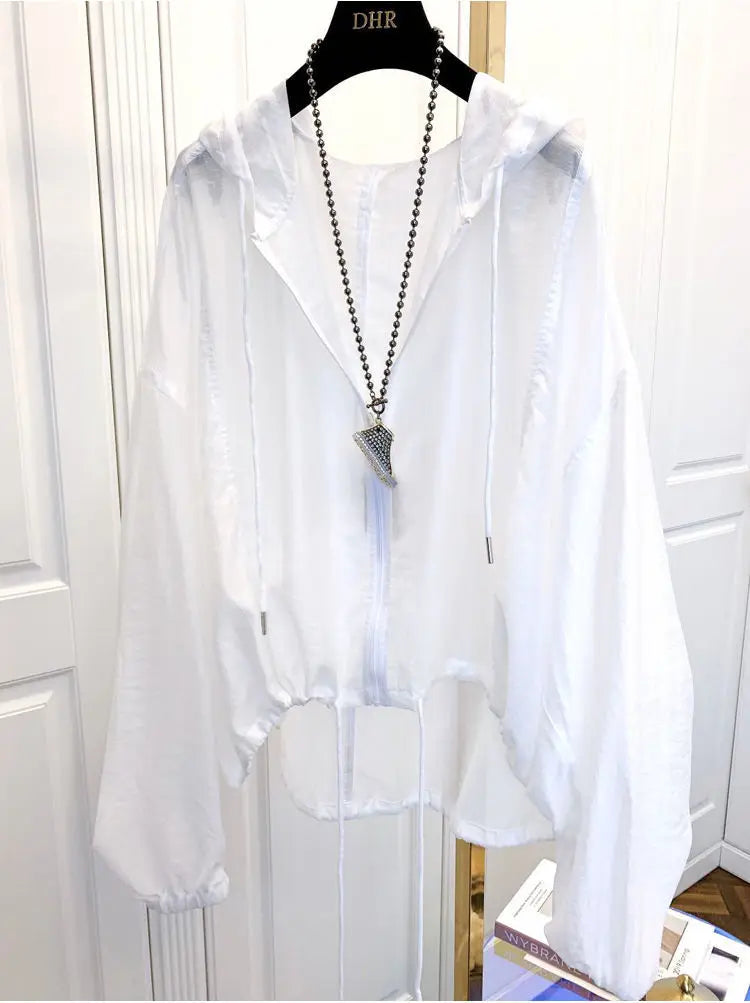 Jackets Women Hooded Summer Sun-proof Zipper Coats Thin Loose See Through Outerwear Breathable Outwear Lightweight Clothes Black