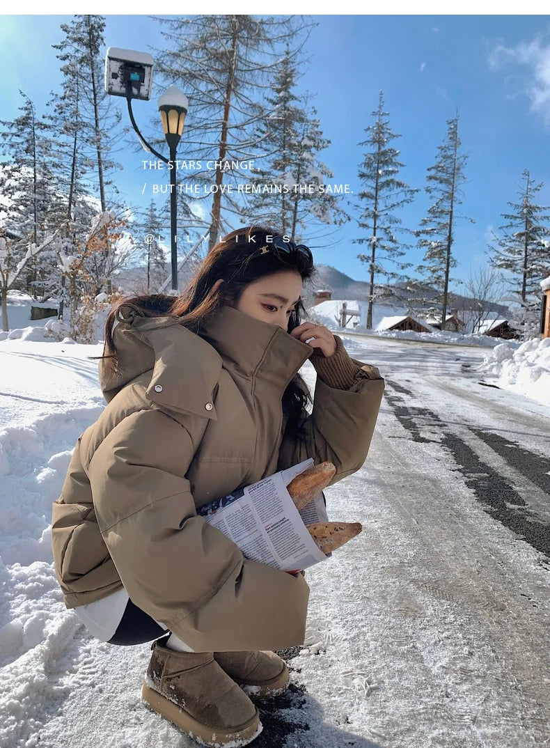 Women's Down Cotton Jacket Hooded Coat Winter Cotton Comfortable Thick Warm Love Embroidery Loose Jacket Snow Coat Clothing