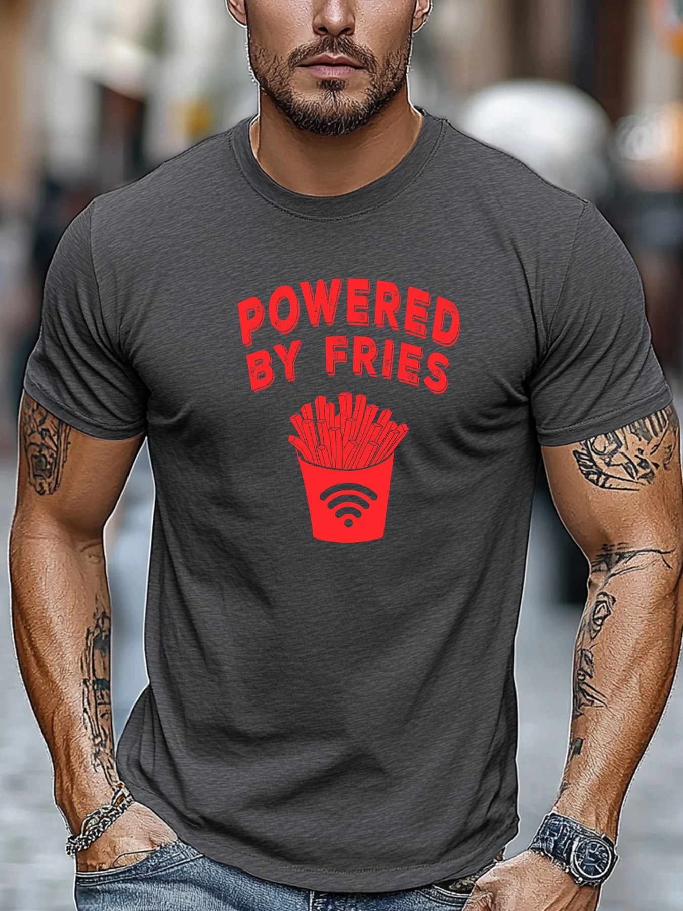 Men's t shirts POWERED BY FRIES Graphic Summer Soft Comfort Fit Tee Daily Wear Tops