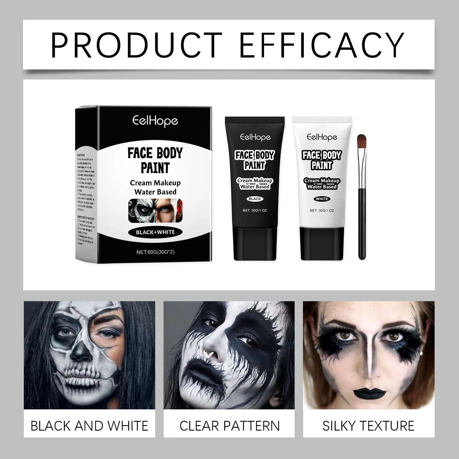 Halloween Face Painting Kit Highly Pigmented Face Body Brus Paint Black and White for DIY Cosplay Theme Parties Body Makeup