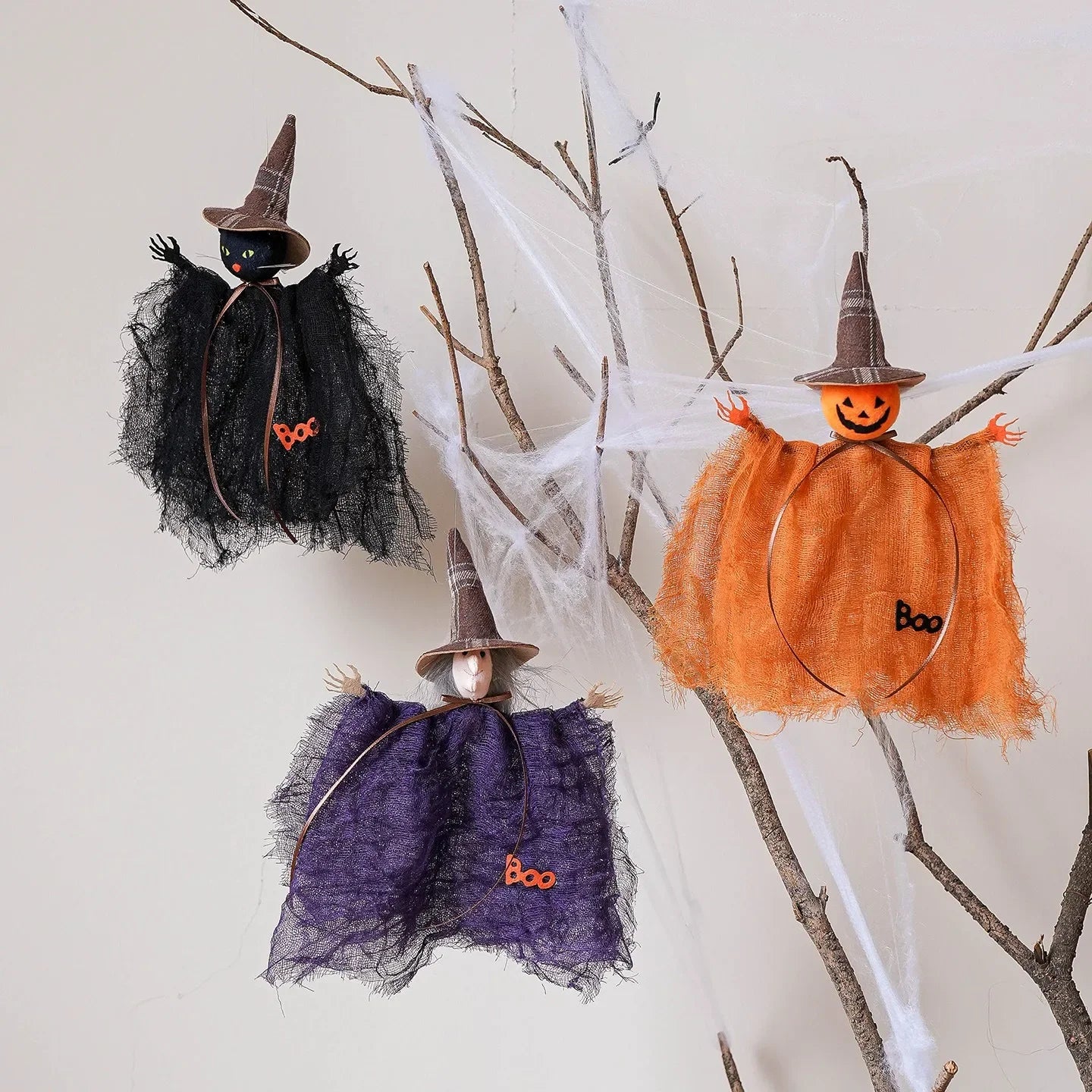 Halloween Party Decoration Mesh Pumpkin Boo Black Hat Witch Doll Ghost Pendants Happy Halloween Day 2025 Haunted House Favor