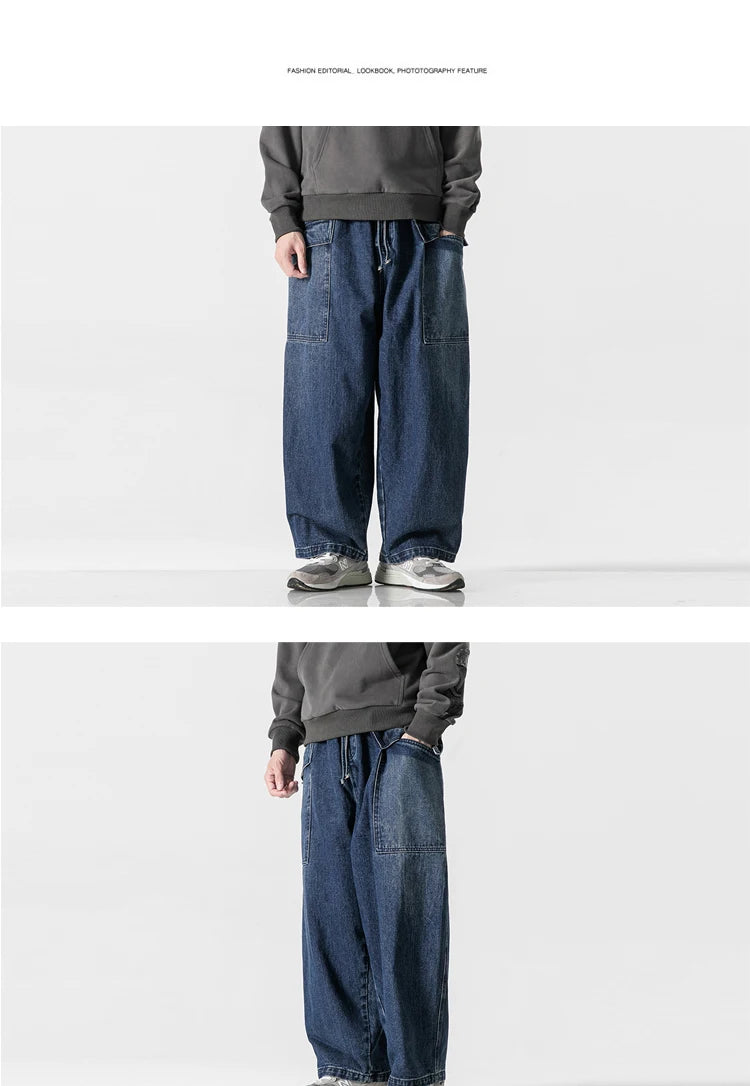 2023 Men Straight Denim Pants Men Blue Jeans Loose Trousers Male Causal Oversize Wide Leg Pants Elastic Waist Black Jeans
