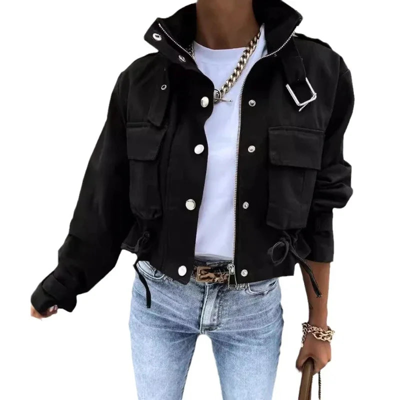 Jackets Women Coats Stand Collar Coat Zipper Print Y2k Tops Streetwear Casual Outerwear Single Breasted Spring Work Jacket