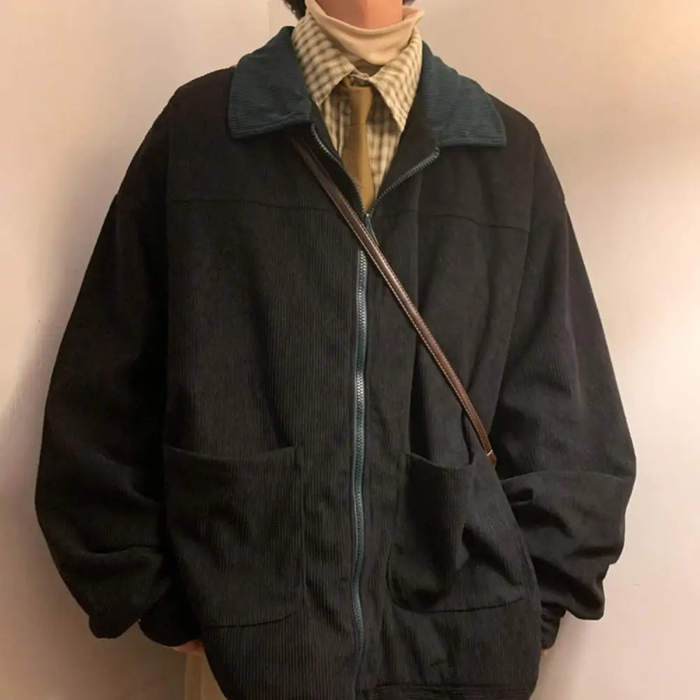 Men Jacket Stylish Men's Corduroy Patchwork Jacket with Full Zipper Placket Lapel Coat Outwear for Fall Winter Corduroy Outwear