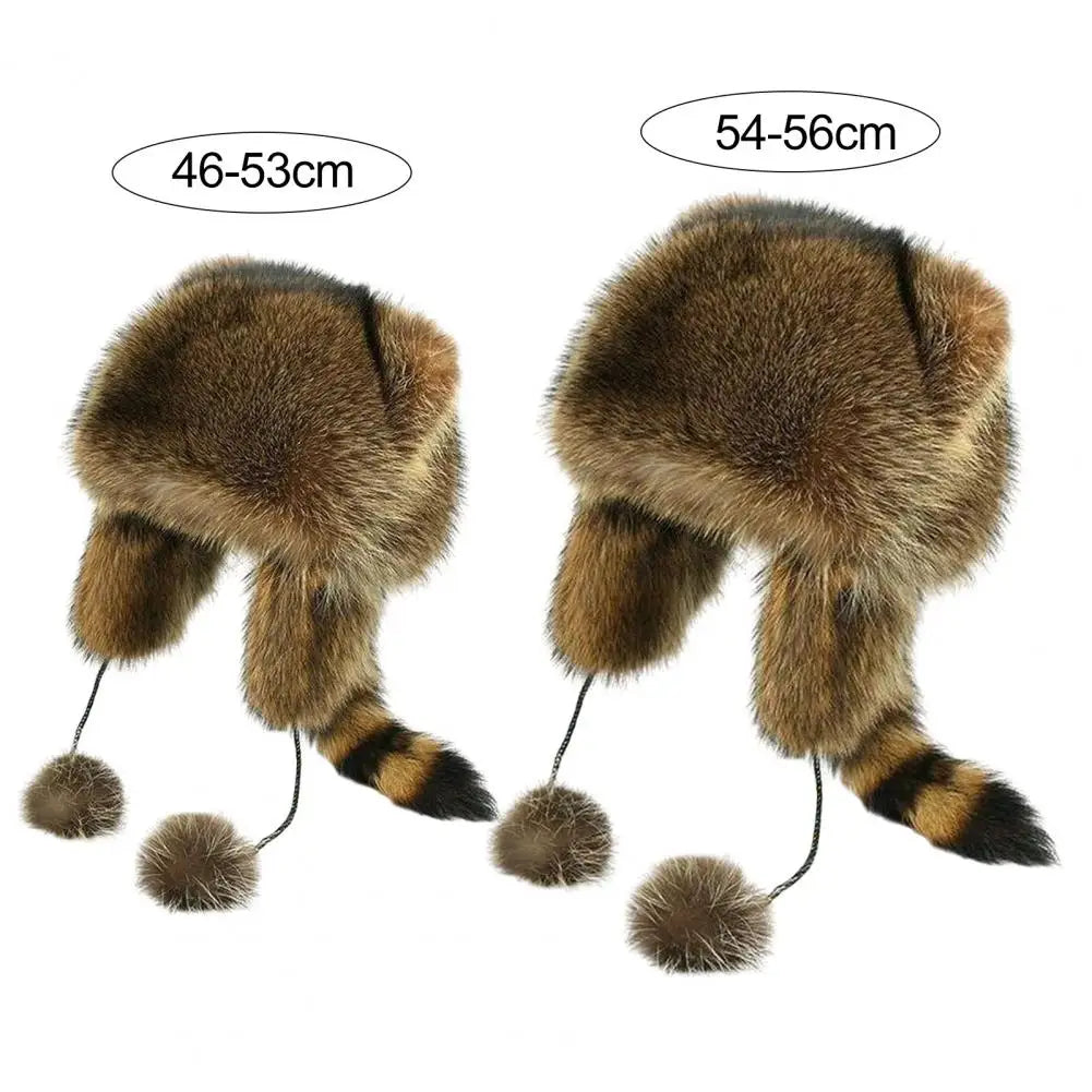 Winter Hat for Kids Adults Racoon Shape Outdoor Cap Faux Fur Thermal Isolation Windproof Unisex Furry Ball Decor Headwear