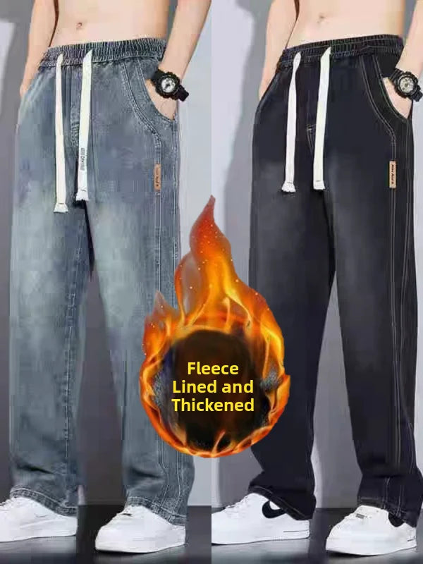 Retro American Wide Leg Men's Jeans Thiened Fce Lined Loose Fit Autumn Winter Wear Resistant Long Trousers Casual Cotton...