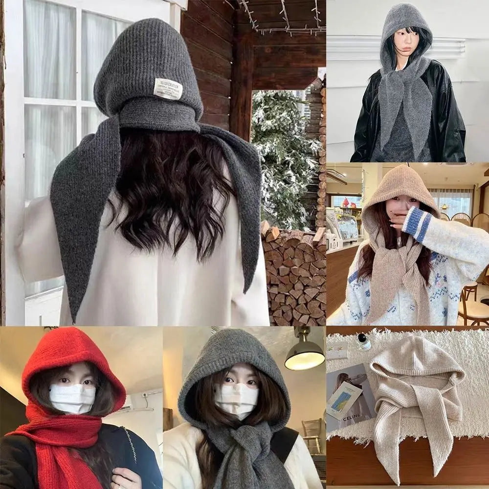Knitted Winter Balaclava Thickened Hooded Hat Ear Protection Cap One-Piece Winter Accessories Neck Protection Scarf Y2K Style