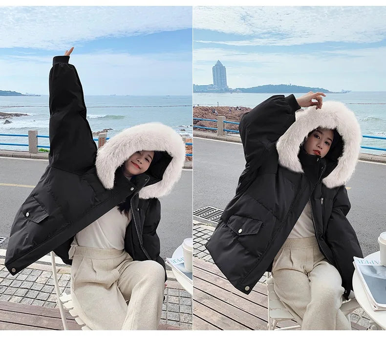 Winter Down Jacket Women Parkas Mid-length Big Fur Collar Hooded Women's Jacket Warmth Jacket Ladies Outwear Jacket for Women