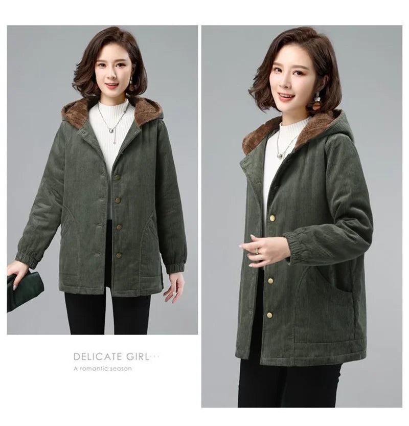 Women Corduroy Jackets 2025 New Autumn Winter Solid Loose Coat Female Casual Middle-Aged Plus Velvet Warm Hooded Ladies Overcoat