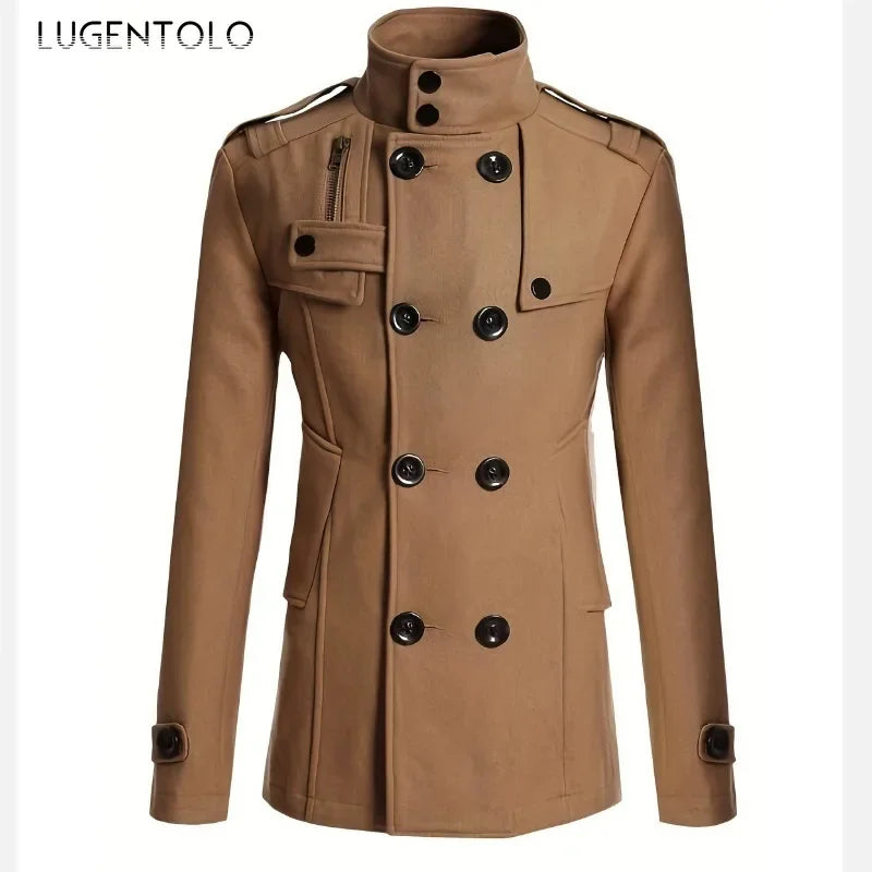 Men Casual Jacket Fall-Winter Outdoor Warm Windbreaker Fashion Lapel Double Breasted Gentleman Coat Daily Versatile Clothing