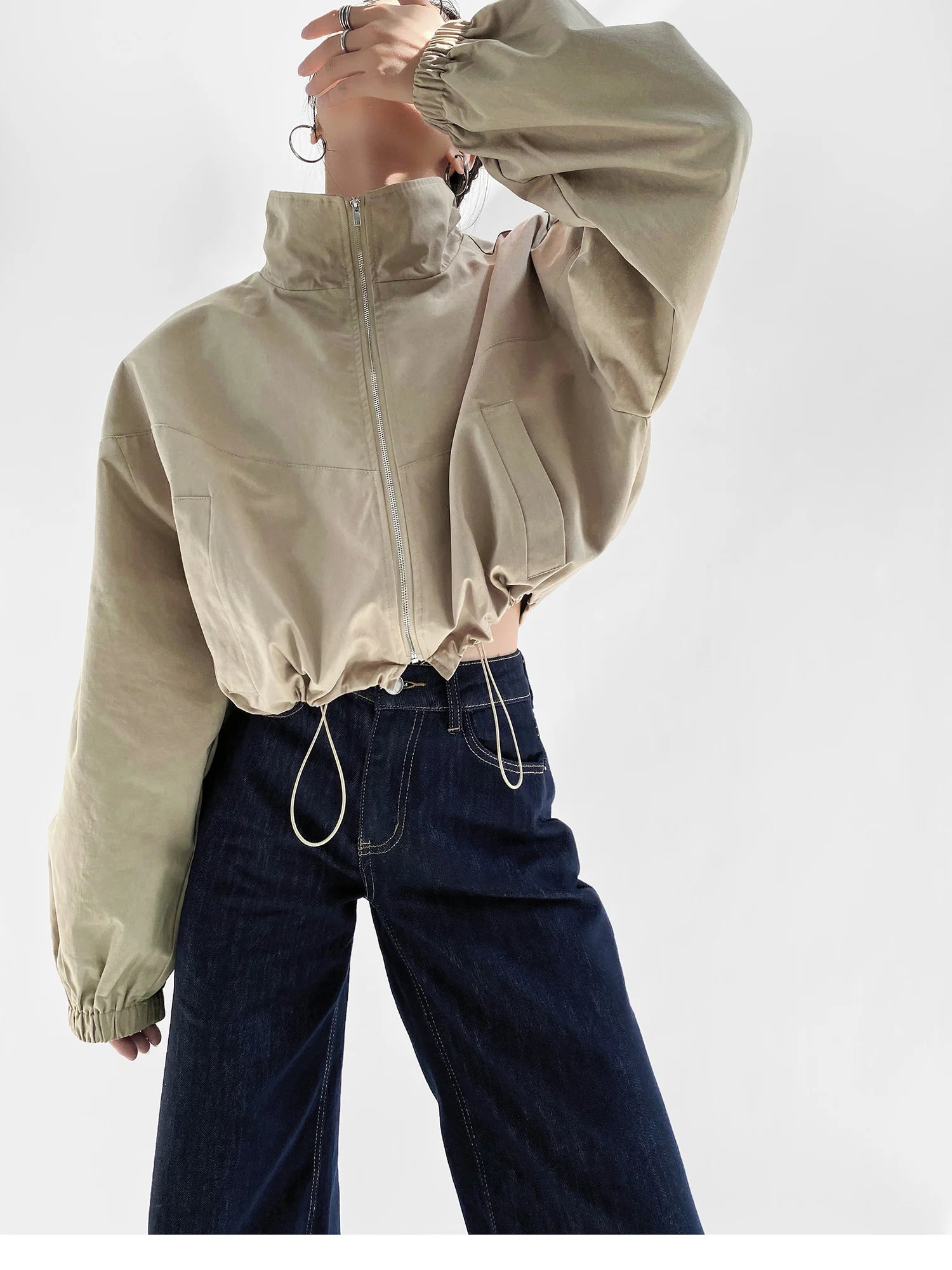 Women's Cropped Utility Jacket - Drop Shoulder Drawstring Hem Ribbed Cuffs Lightweight Cotton