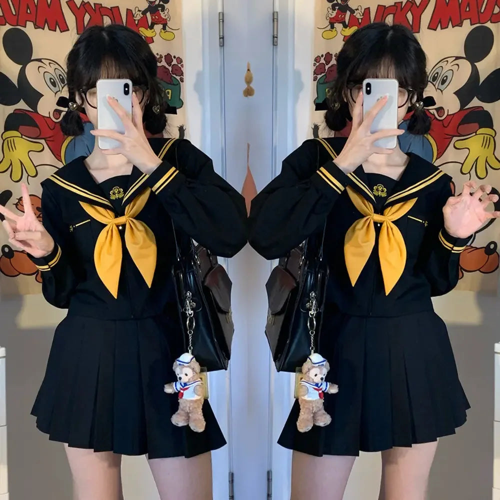 Japanese School Uniform Girls Plus Size Jk Suit Role Play High School Yellow Tie Black Basic Sailor Suit Female Long Sleeve Suit