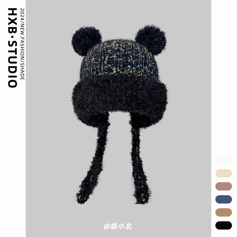 Winter Cute Cartoon Bear Ears Mixed Color Plush Pullover Hat Women Winter Warm Straps Ear Protectors Knitted Skull Beanie Cap
