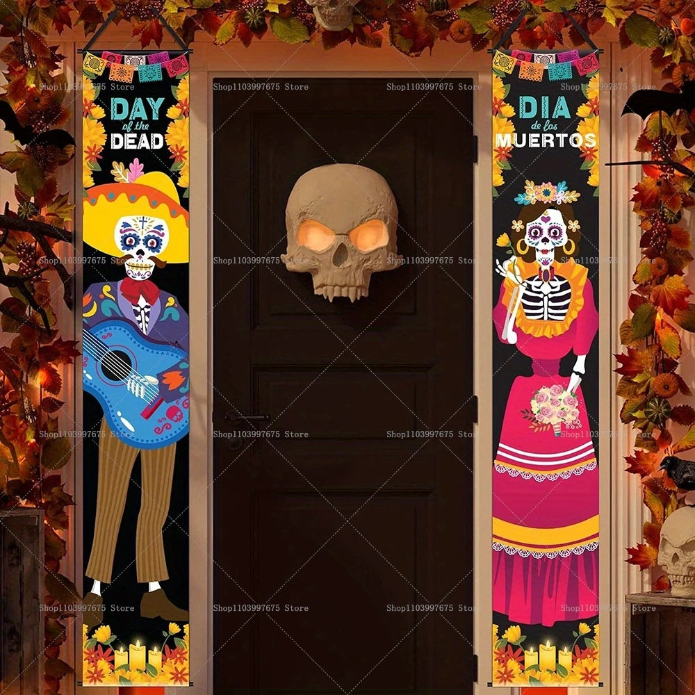 Halloween Decorations Dia De Los Muertos Porch Sign Banners Mexico Day of The Dead Hanging Banner for Indoor Outdoor Wall Decor