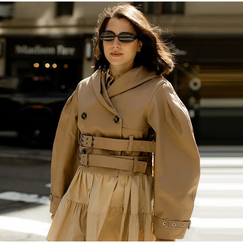 Women's Jacket Chic Double Belt Hooded Full Sleeve Button Female Female Jackets 2025 Autumn Fashion High Street Lady Outwears